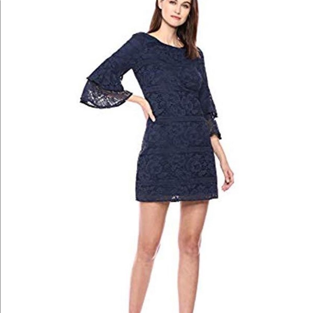 Eliza J  Women's Lace Bell Sleeve Shift Dress Cotton Blend Navy Sz. 6